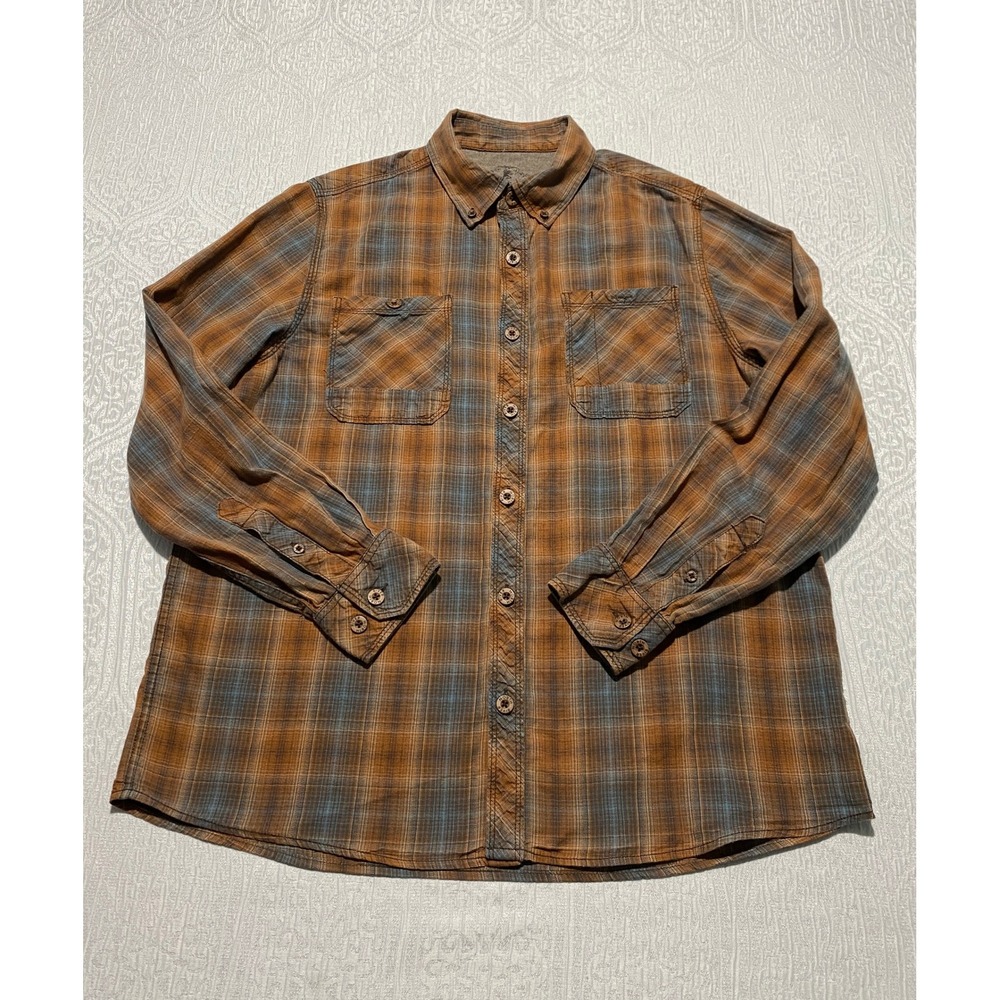 North River Mens Medium Brown Blue Plaid Cotton Long Sleeve Flannel Button Shirt